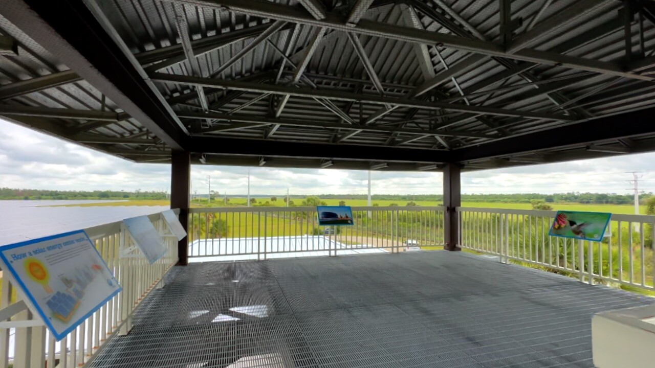 Educational exhibits at the top of the three-story viewing tower overlooking the solar field.