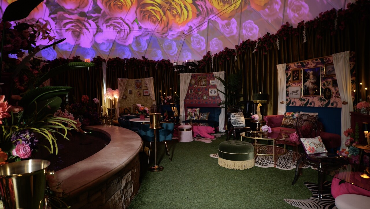 Guests are surrounded by flowers, different prints, textures, and bright colors.