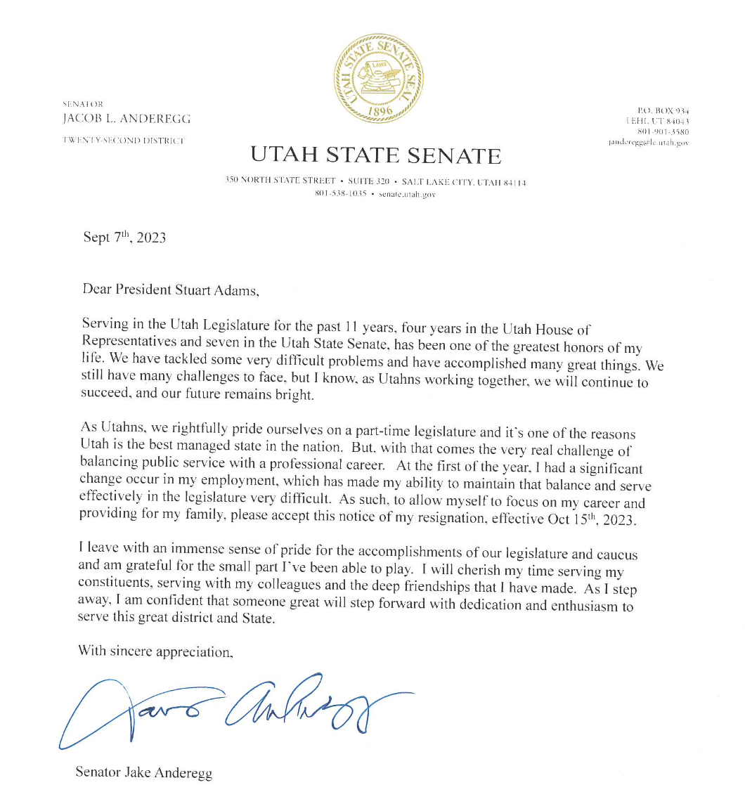 Anderegg's resignation letter