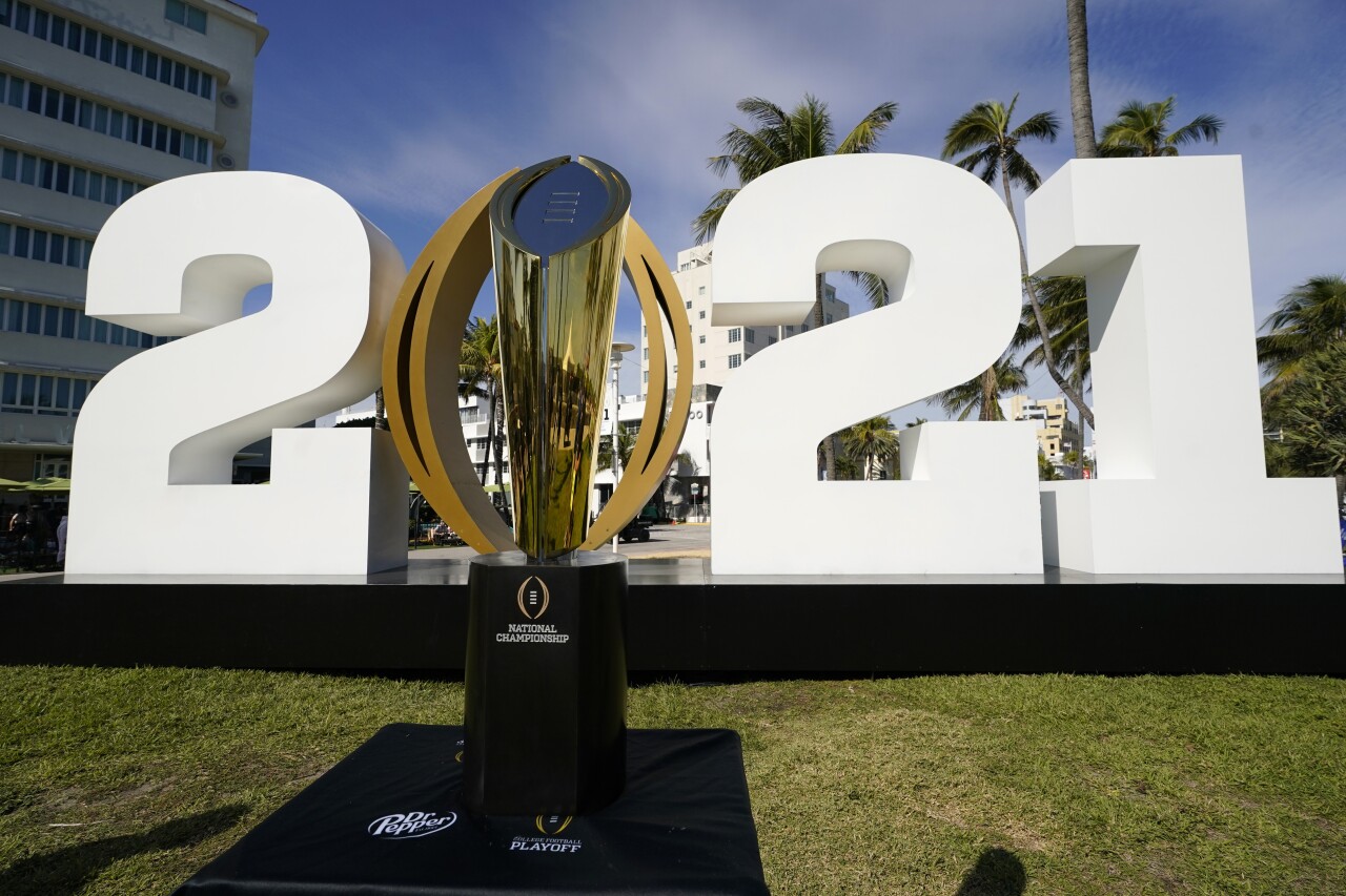 College Football Playoff National Championship trophy on display in Miami Beach in 2021