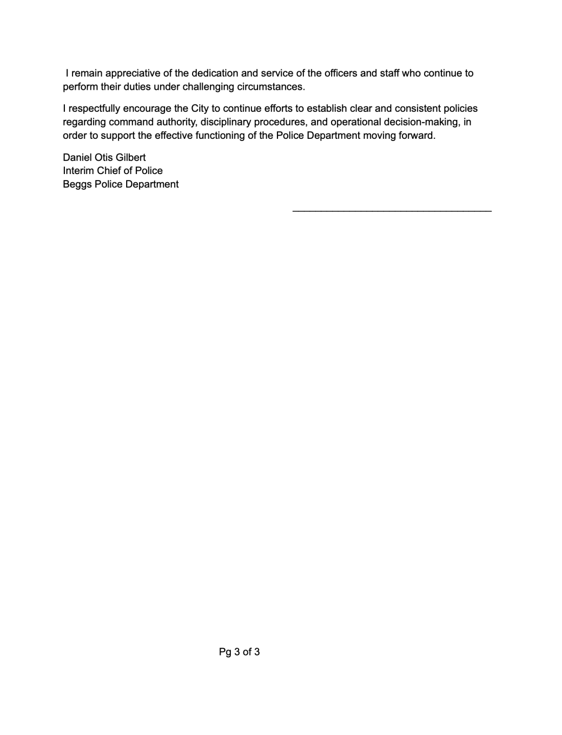 Gilbert Resignation Beggs Police