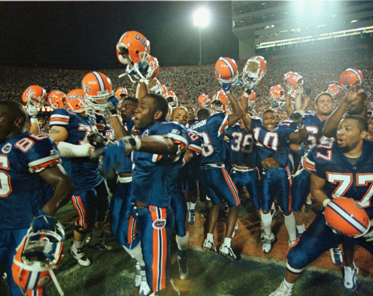 Florida Gators players dance after upsetting Florida State Seminoles in 1997