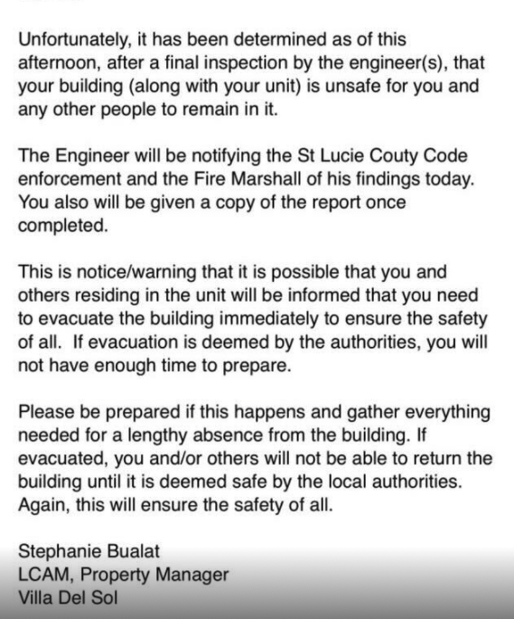 Villa Del Sol email to residents