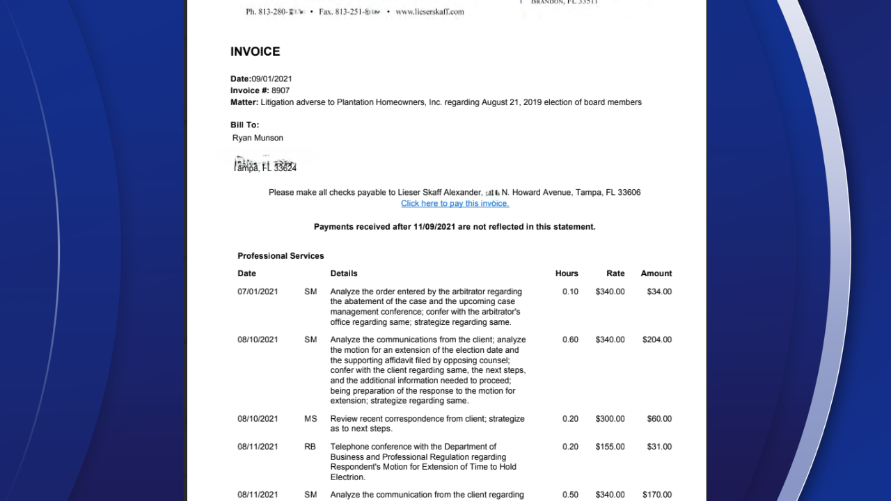One of many legal bills Ryan Munson had to pay after filing a complaint with DBPR regarding alleged election violations