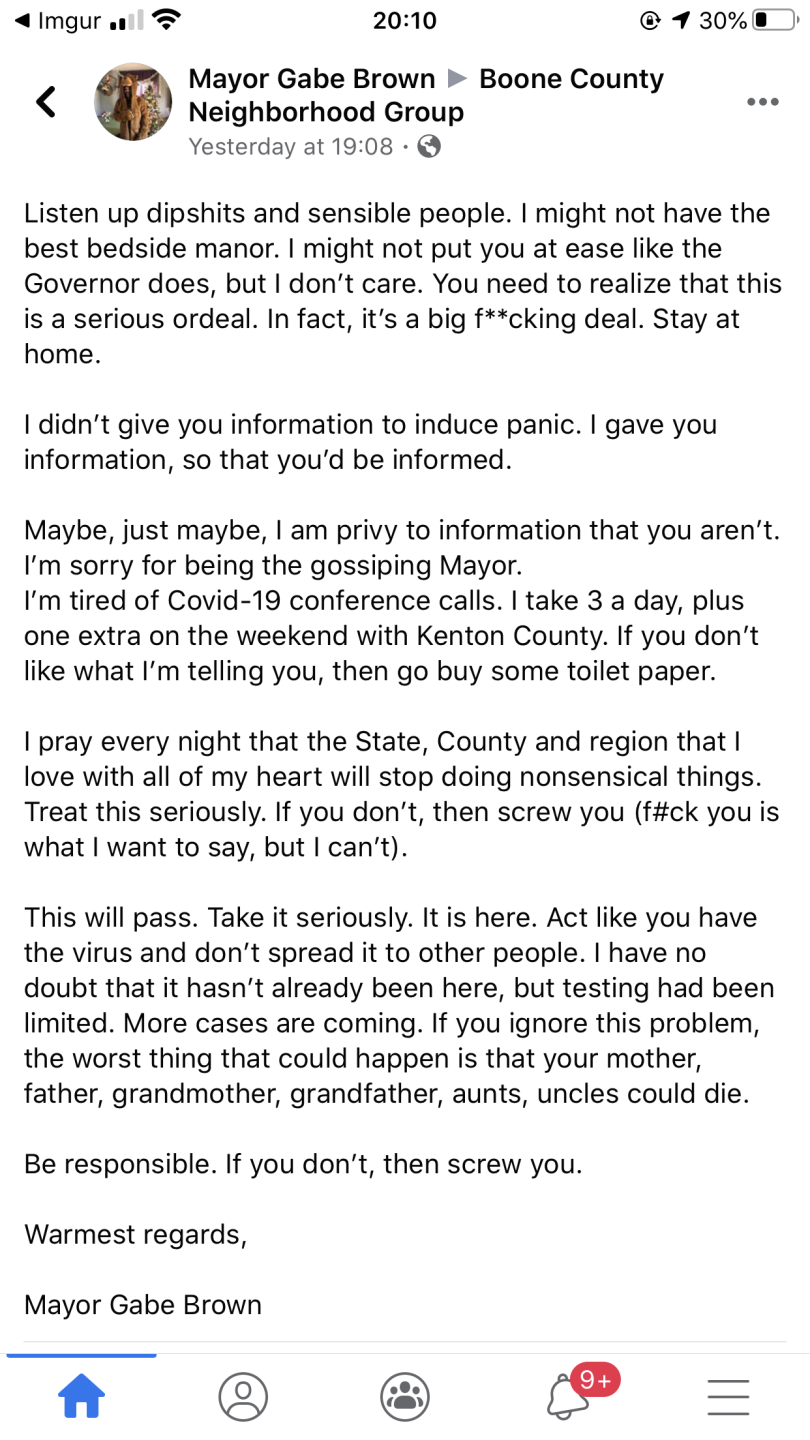 Mayor Gabe Brown Facebook post