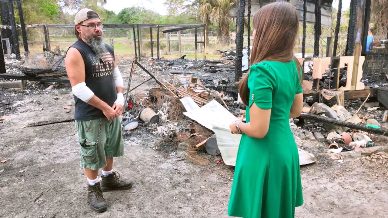 Ted Pankiewicz, the owner of For The Love Of Paws Pet Sanctuary in Fellsmere, Florida, talks to WPTV reporter Samantha Gutierrez after the facility was destroyed by fire on March 9, 2026.