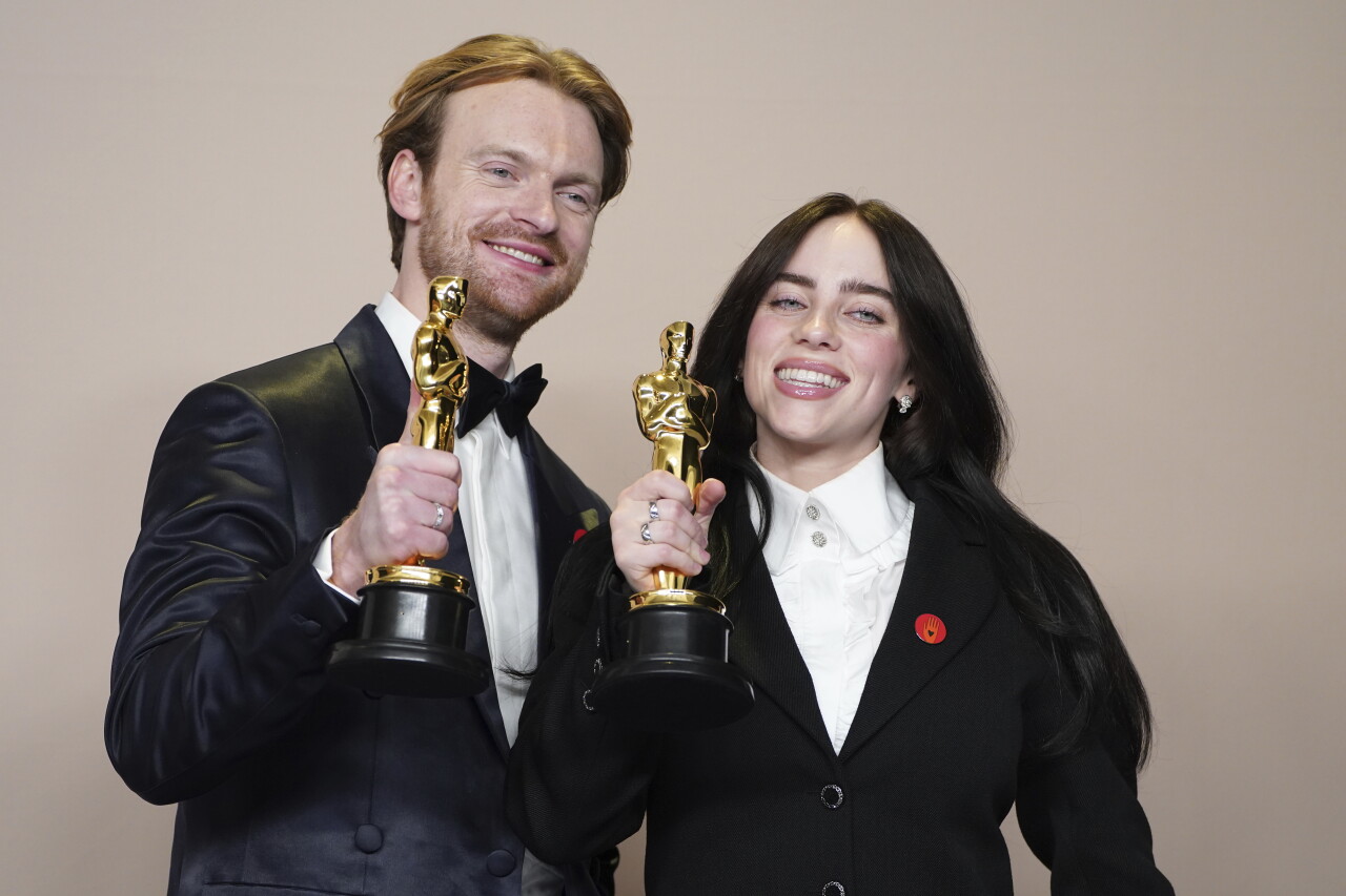 Finneas O'Connell and Billie Eilish pose with Oscars for best original song for 'What Was I Made For?' from 'Barbie,' March 10, 2024