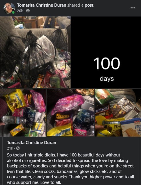 "Toni" Duran making backpacks to donate to the homeless.