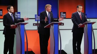 Republican presidential candidates Sen. Marco Rubio (R-FL), Donald Trump and Sen. Ted Cruz (R-TX) participate in a debate.
