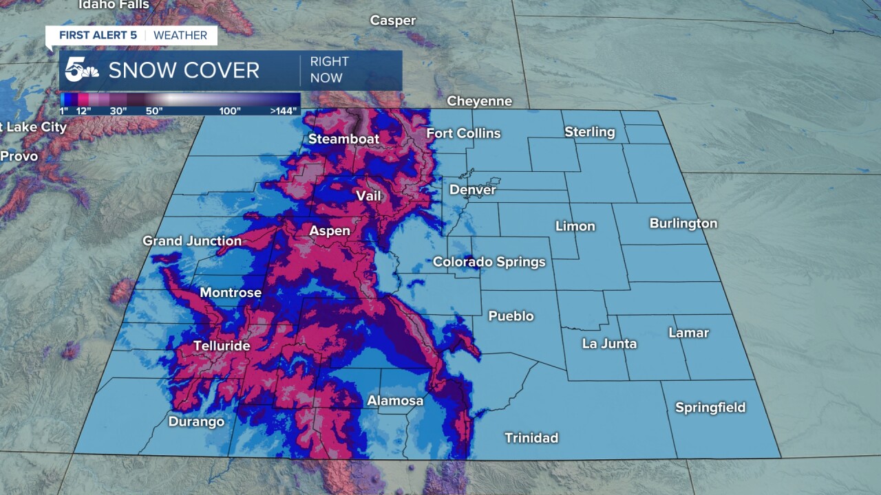 Current estimated snowcover in Colorado. The map is compiled using a blend of ground and satellite observations, and may miss some high-resolution details. 