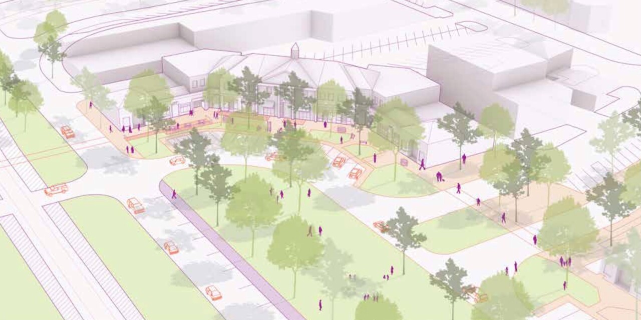 A sketch from the preliminary vision plan shows a quadrant of Shaker Square today ...