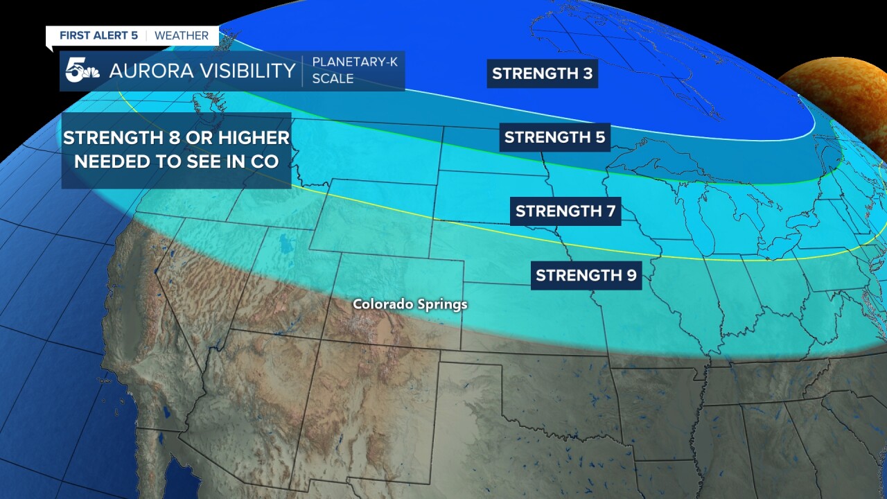 Approximate locations at which the aurora is expected to be visible at different strengths of geomagnetic storming