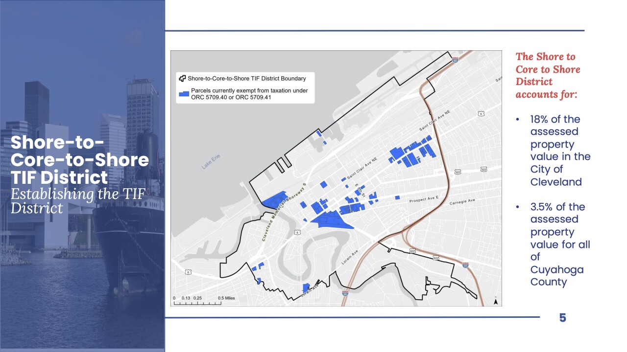 A map of the newly approved TIF overlay district in downtown Cleveland.