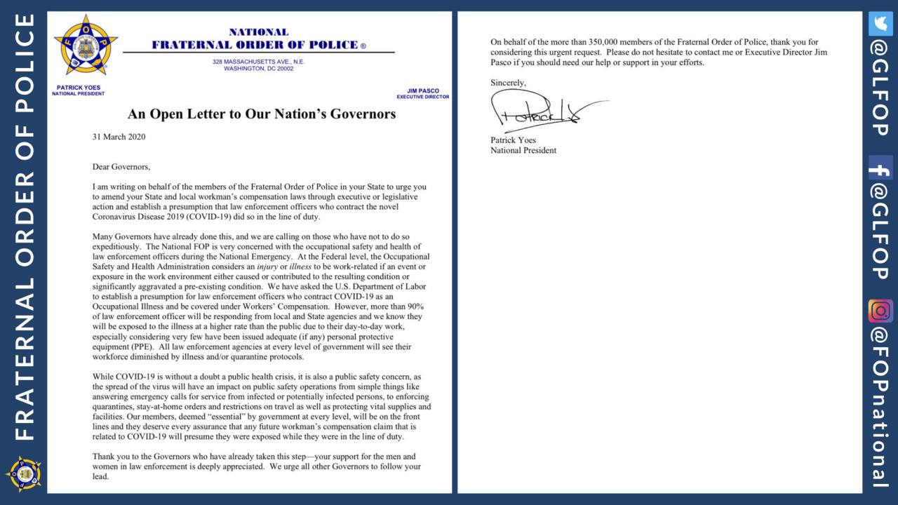 Fop Wants Officers To Get Workers Comp During Covid 19 Pandemic