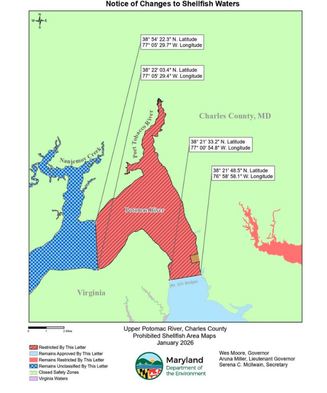This map shows location of the shellfish advisory. Map courtesy of MDE.