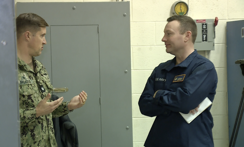 MacLeod Hageman talks with sailors about submarine safety