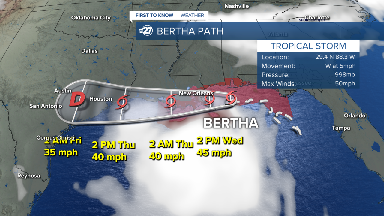 Tropical Storm Bertha path and currents as of 5:00 A.M. 7/22/2026