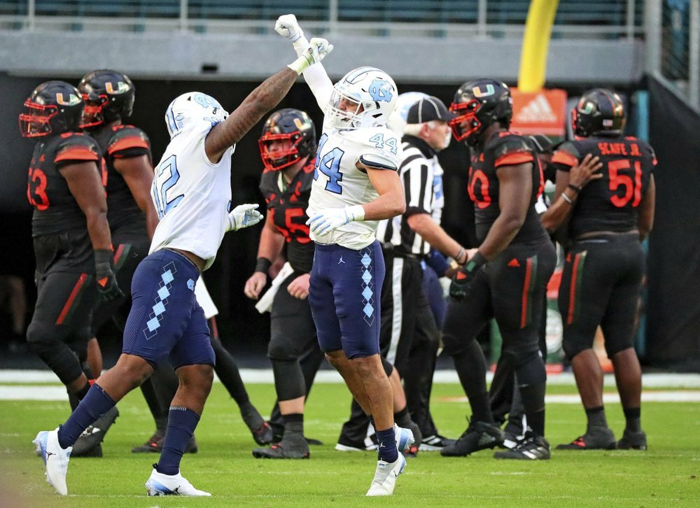 North Carolina Tar Heels celebrate vs. Miami Hurricanes in 2020