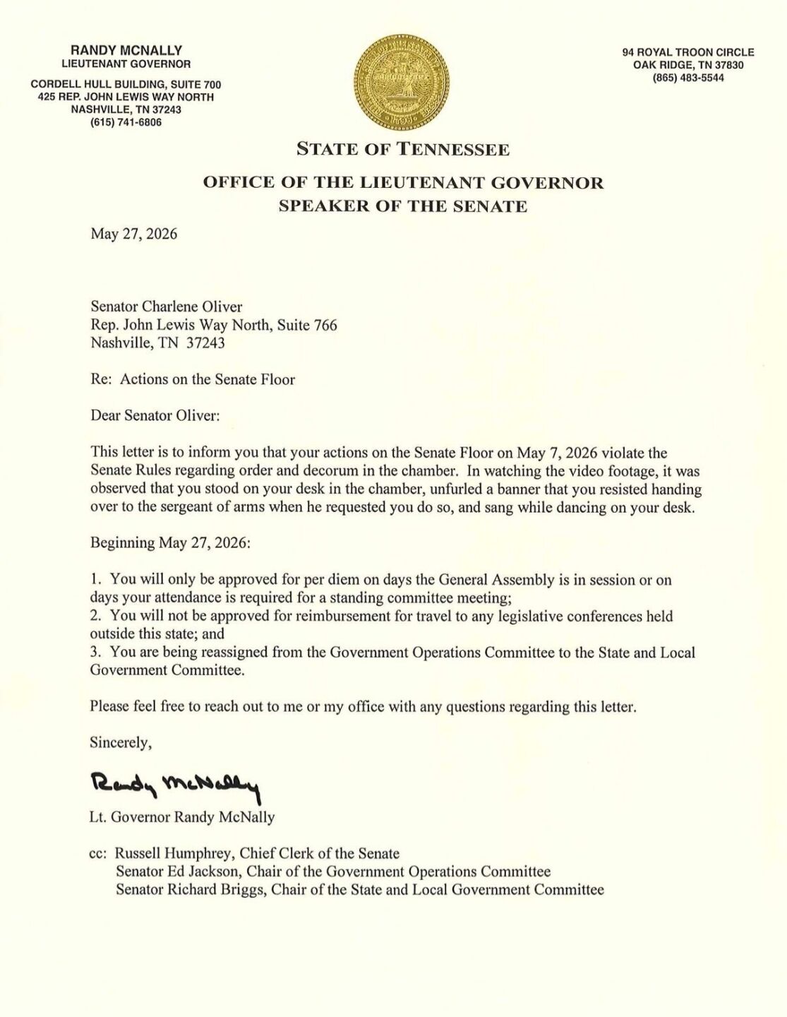 McNally disciplines Sen. Oliver over Senate floor protest