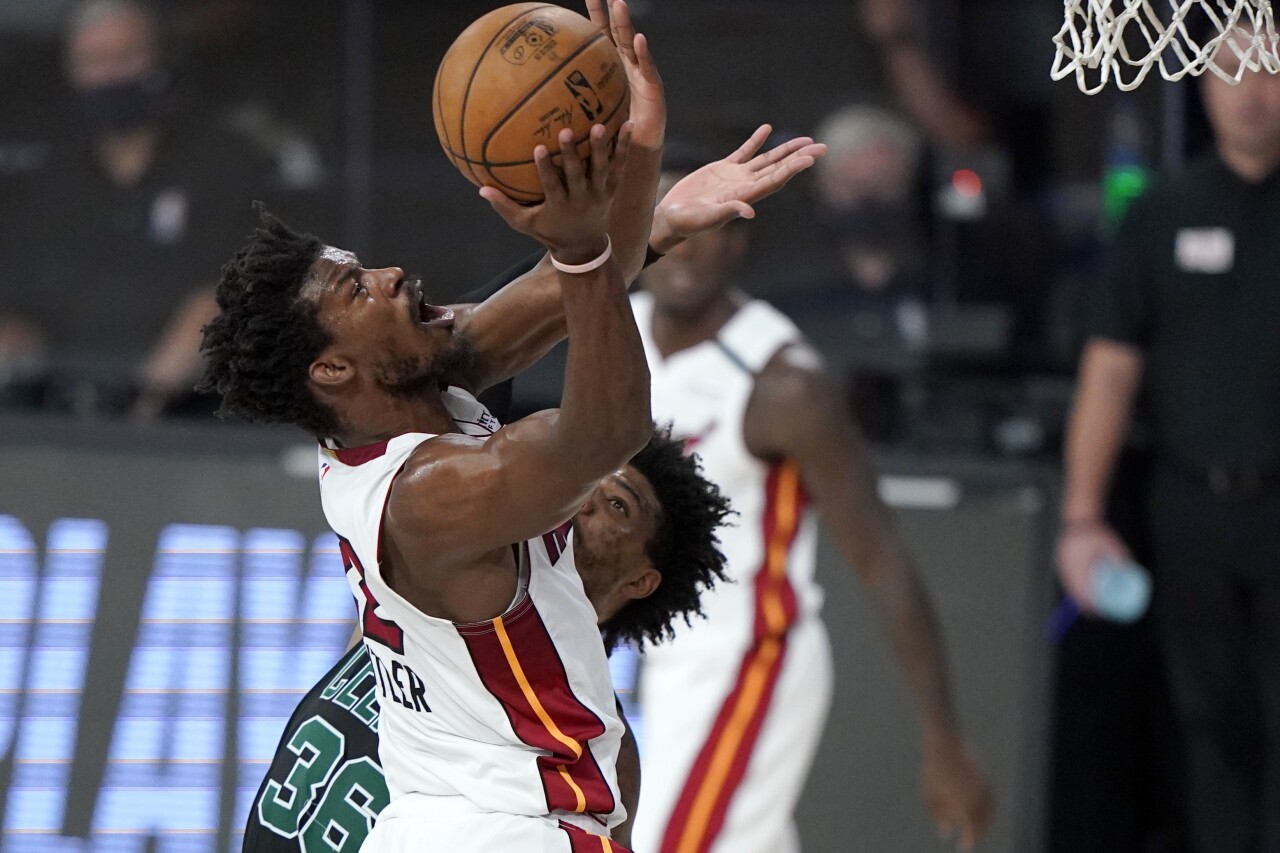 Jimmy Butler goes up for layup, Miami Heat vs. Boston Celtics, Game 1 of Eastern Conference Finals, Sept. 15, 2020