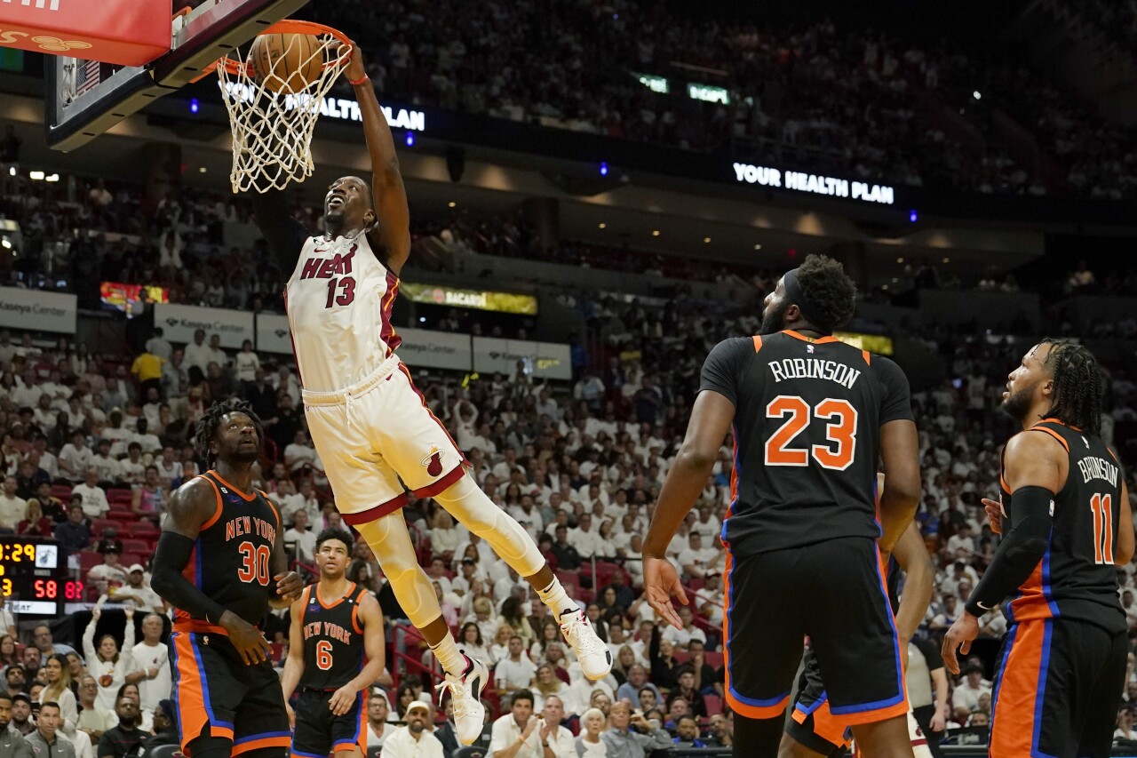 Miami Heat center Bam Adebayo dunks on New York Knicks in second half of Game 4 of NBA second-round playoff series, May 8, 2023