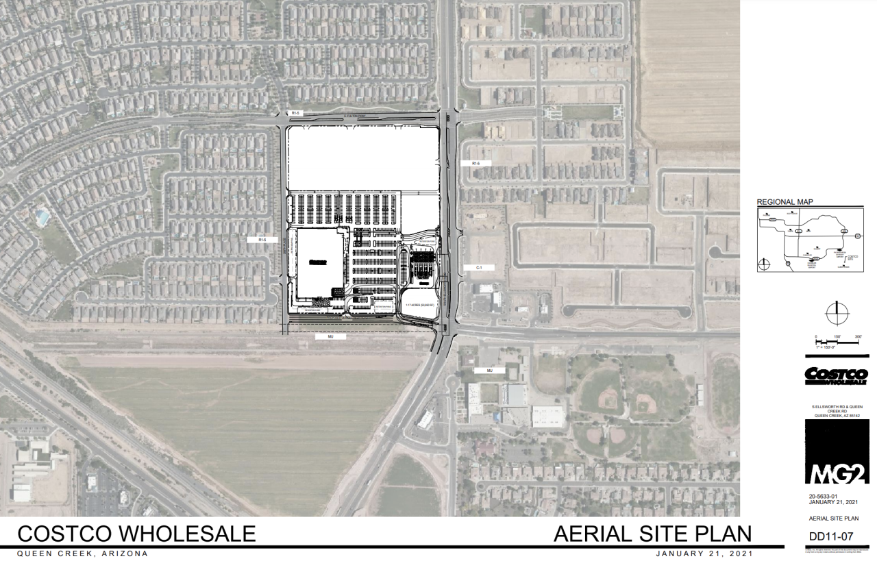 A proposed site plan to build a Costco Wholesale in Queen Creek, Arizona. Document courtesy of Town of Queen Creek. 