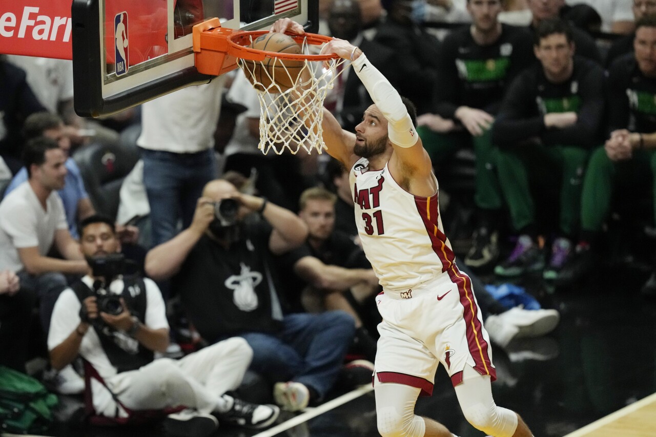 Miami Heat guard Max Strus dunks the ball during the first half of Game 4 of the NBA Eastern Conference finals, May 23, 2023