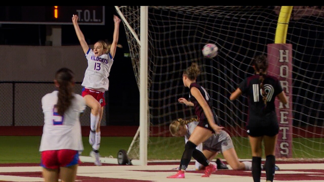 Gregory-Portland senior forward Brooklyn Barnes scores goal against Flour Bluff