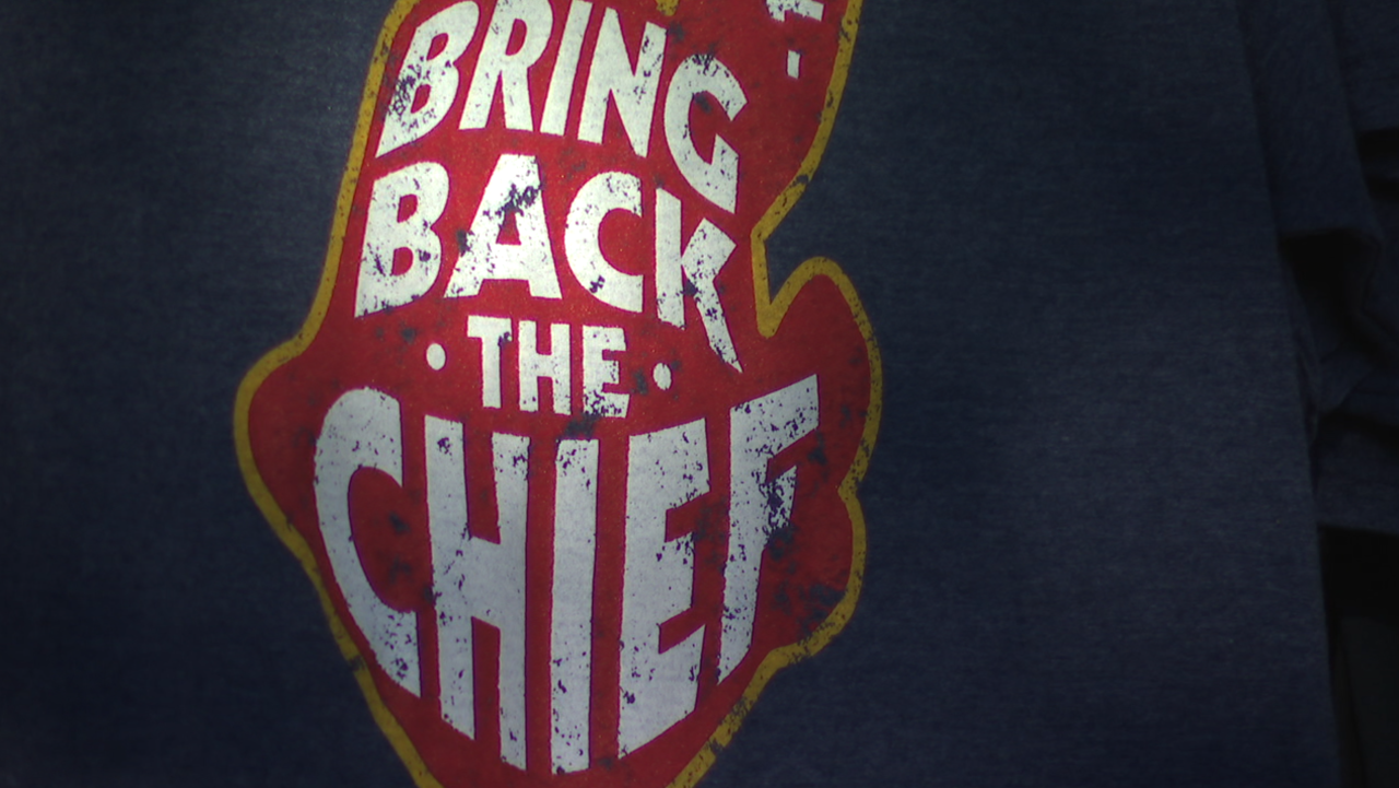 'Bring back the Chief' t-shirt being sold outside the Progressive Stadium on Monday. News 5 Cleveland.