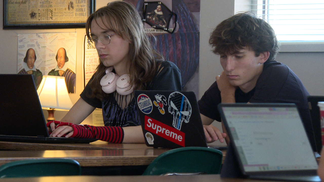 Students work on essays during English class at Mountain Vista High School.