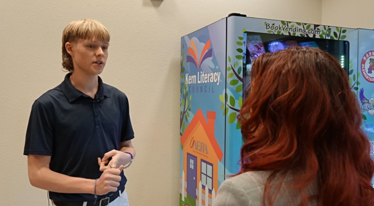 Ruby interviewing Carter Beardsley, the 17-year-old who came up with the idea for the book vending machine