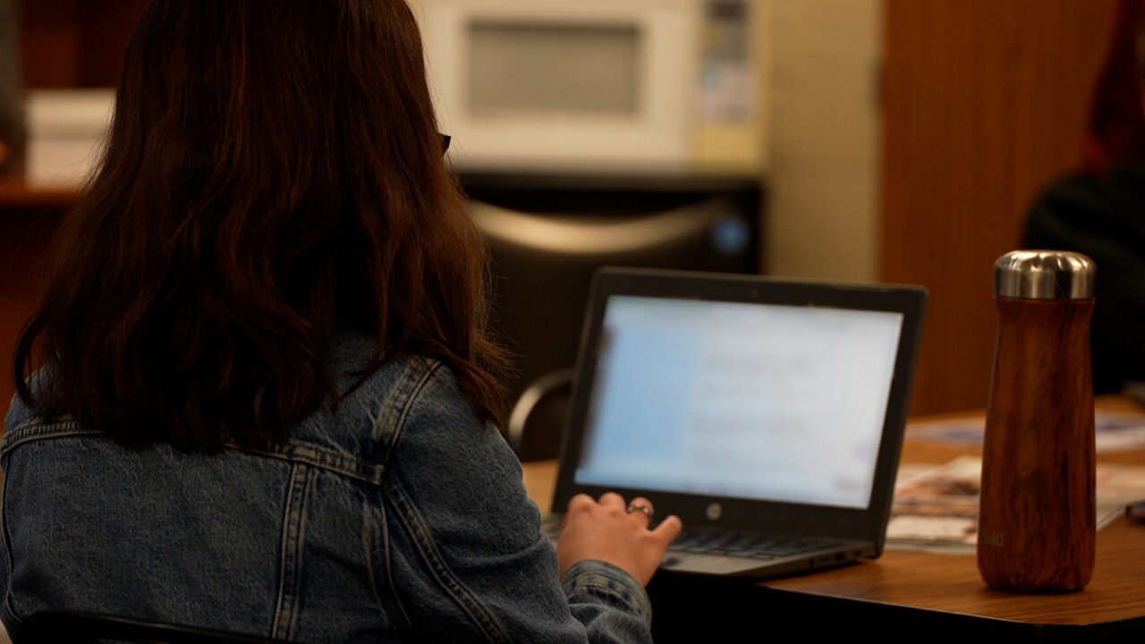 Back of student looking at computer