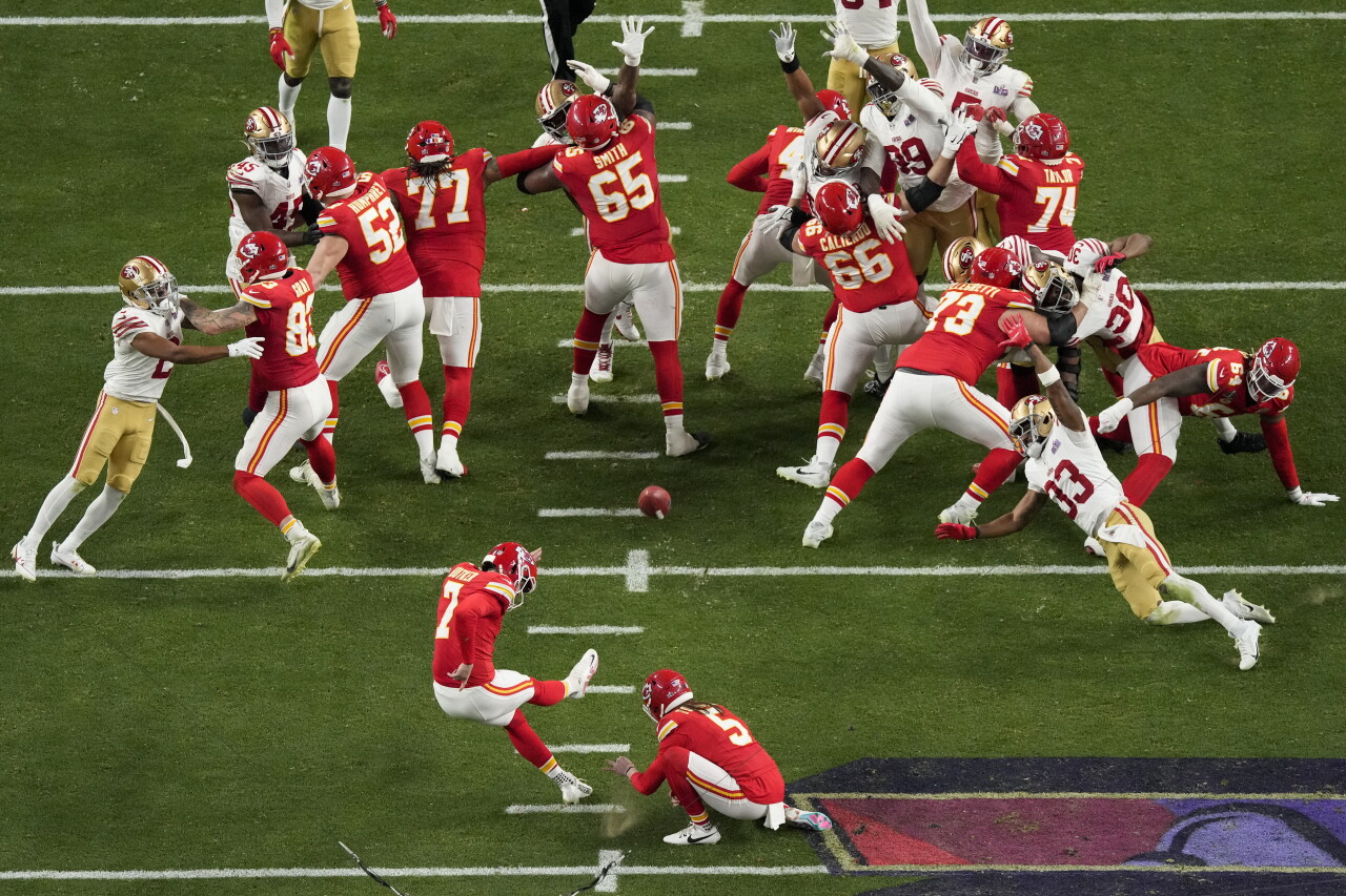 Kansas City Chiefs kicker Harrison Butker kicks 29-yard FG vs. San Francisco 49ers in fourth quarter of Super Bowl LVIII, Feb.11, 2024