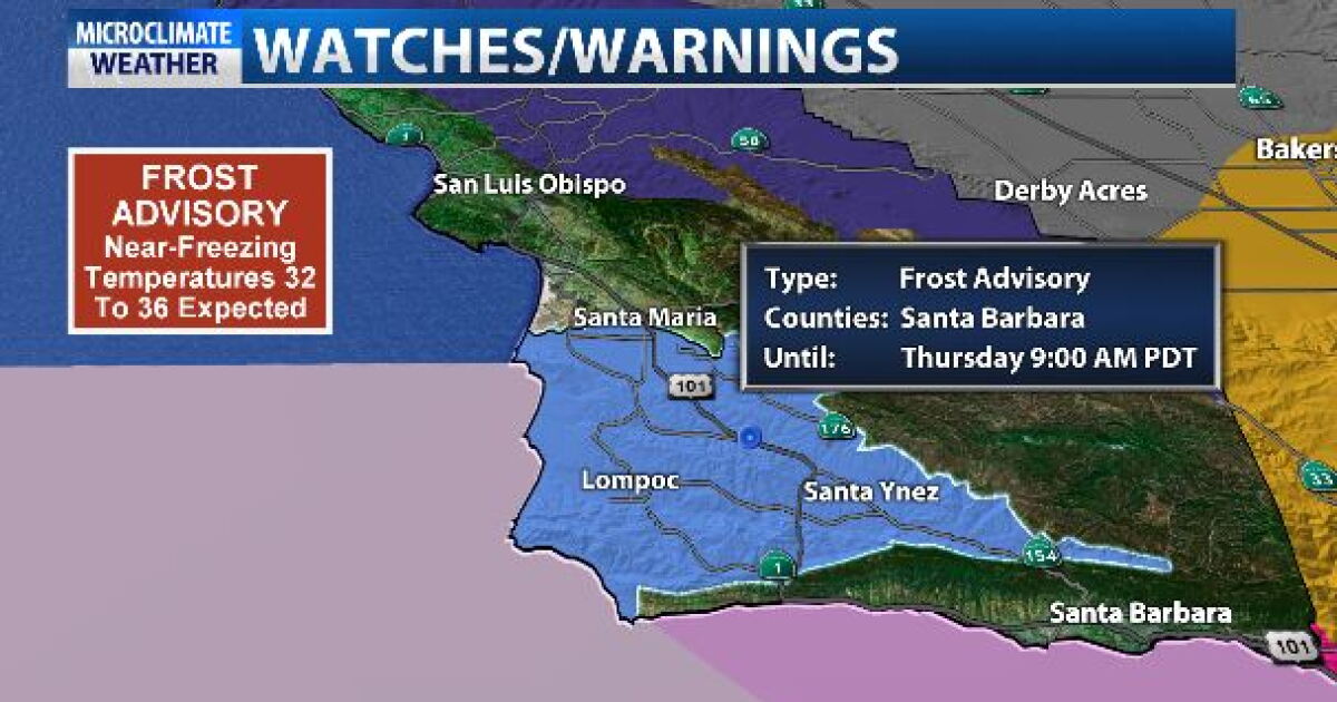 Frost advisory, freeze warning issued for parts of the Central Coast