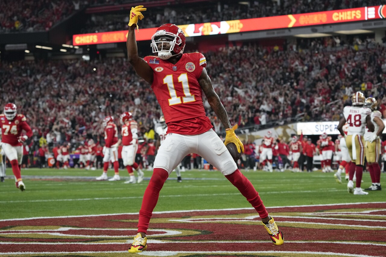 Kansas City Chiefs receiver Marquez Valdes-Scantling celebrates his 16-yard touchdown vs. San Francisco 49ers in second quarter of Super Bowl LVIII, Feb. 11, 2024