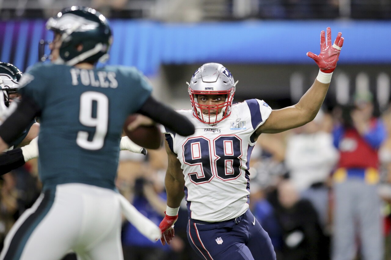 New England Patriots linebacker Trey Flowers at Super Bowl LII in 2018