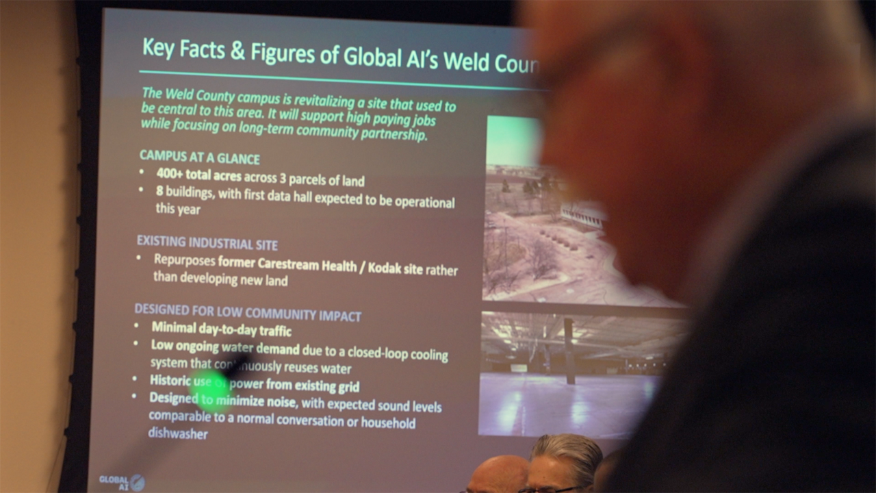 Global AI presents its proposed data center project to the Weld County Board of Commissioners during a public hearing Wednesday.