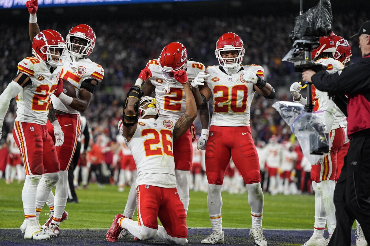 Kansas City Chiefs safety Deon Bush celebrates interception in end zone at Baltimore Ravens during fourth quarter of AFC Championship, Jan. 28, 2024