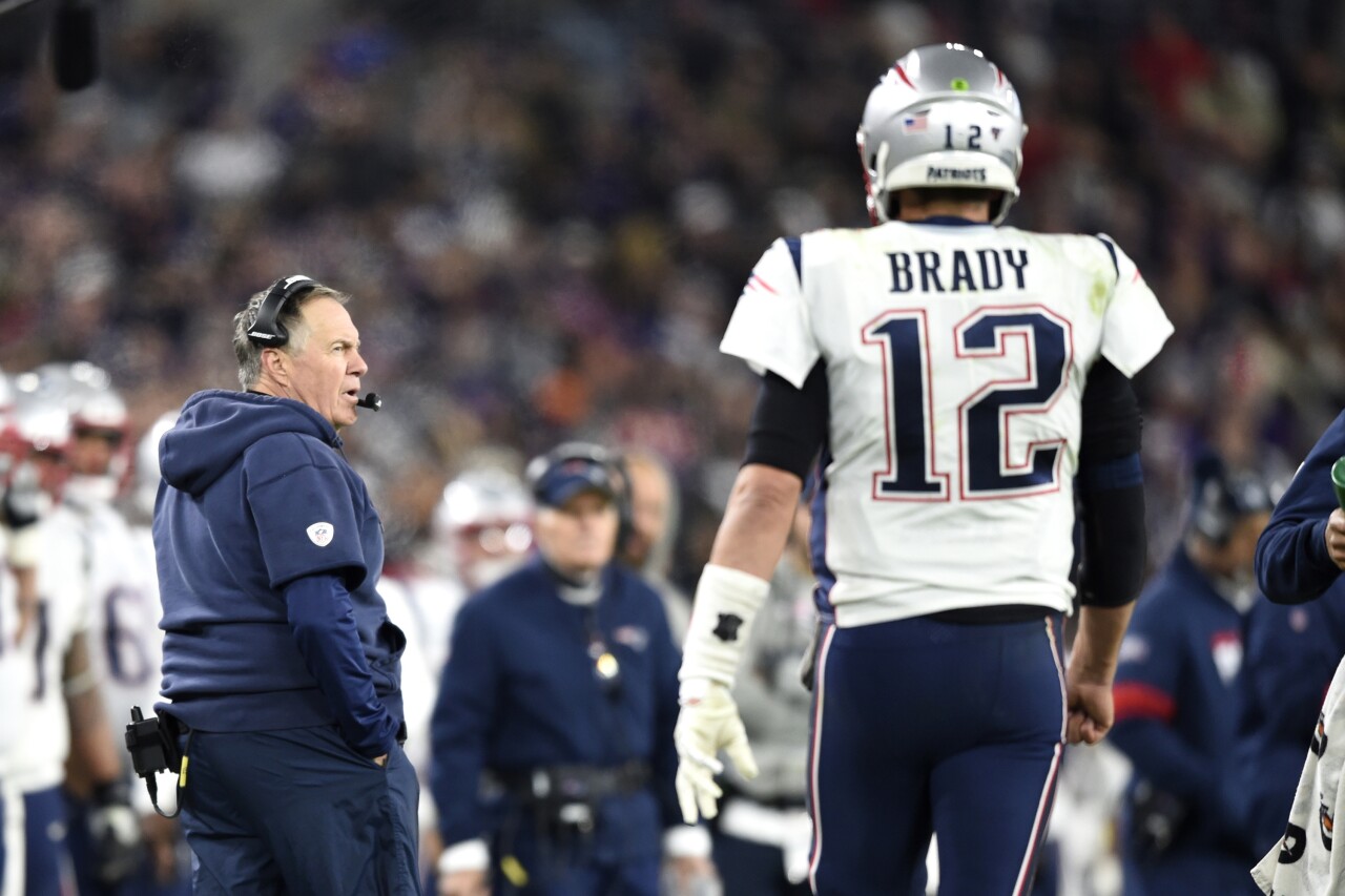 New England Patriots head coach Bill Belichick and QB Tom Brady, Nov. 3, 2019