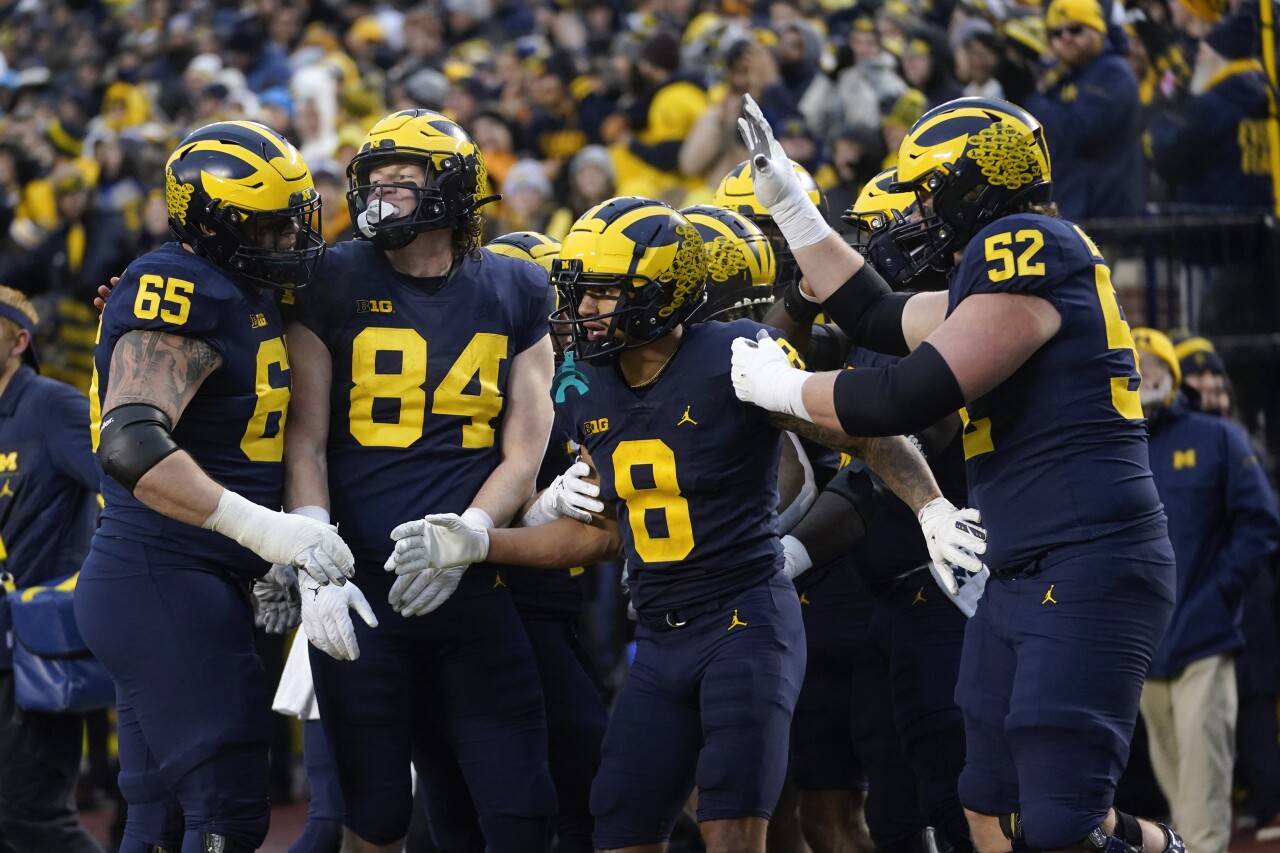 Michigan Wolverines receiver Ronnie Bell celebrates 9-yard TD catch in first half against Nebraska Cornhuskers, Nov. 12, 2022