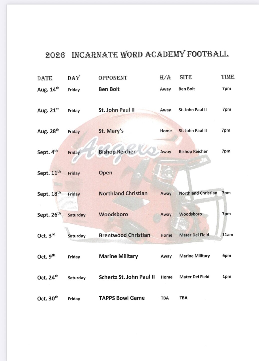 IWA 2026 football schedule