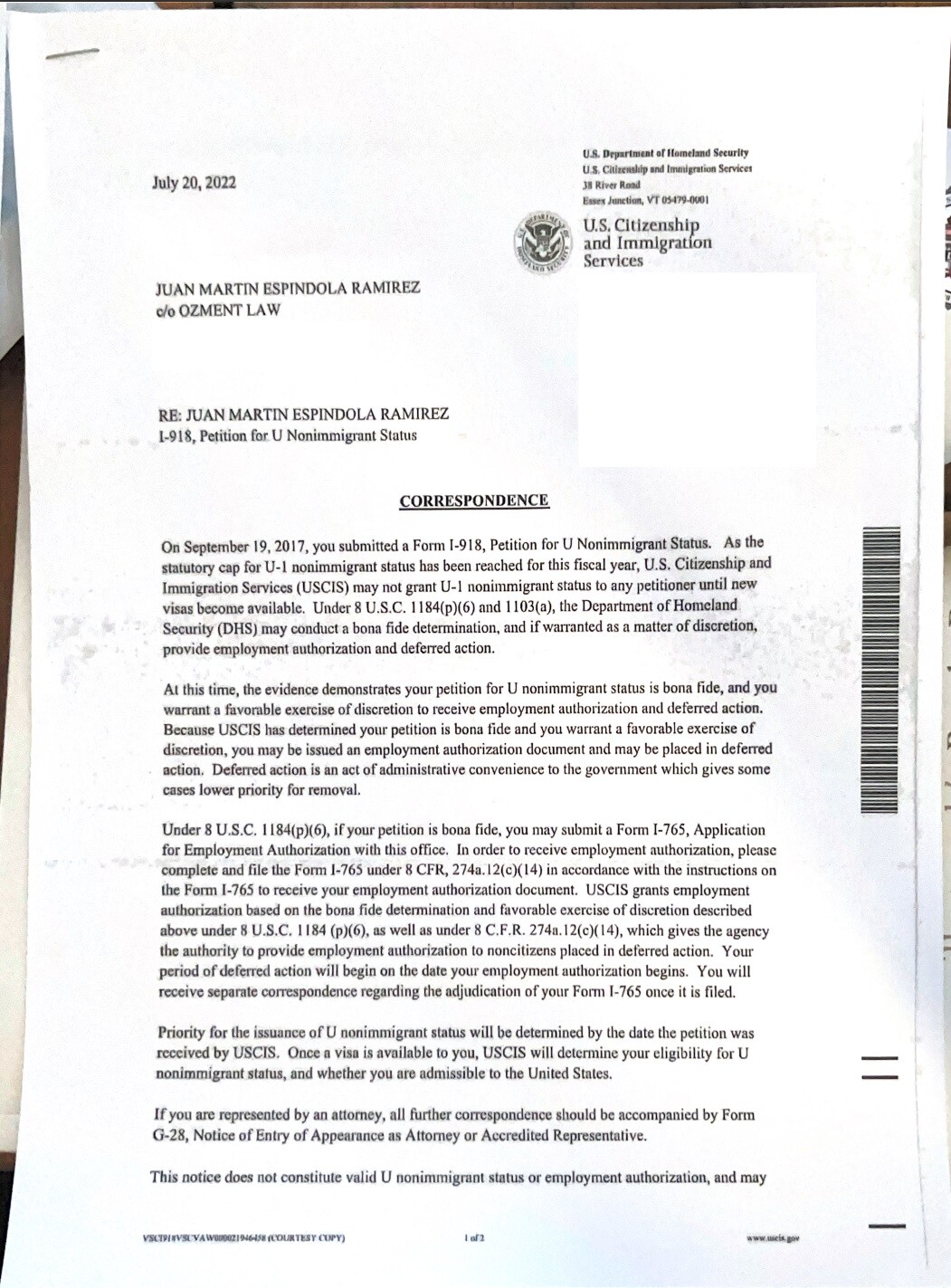 UVISA and UCIS Letter to Espindola