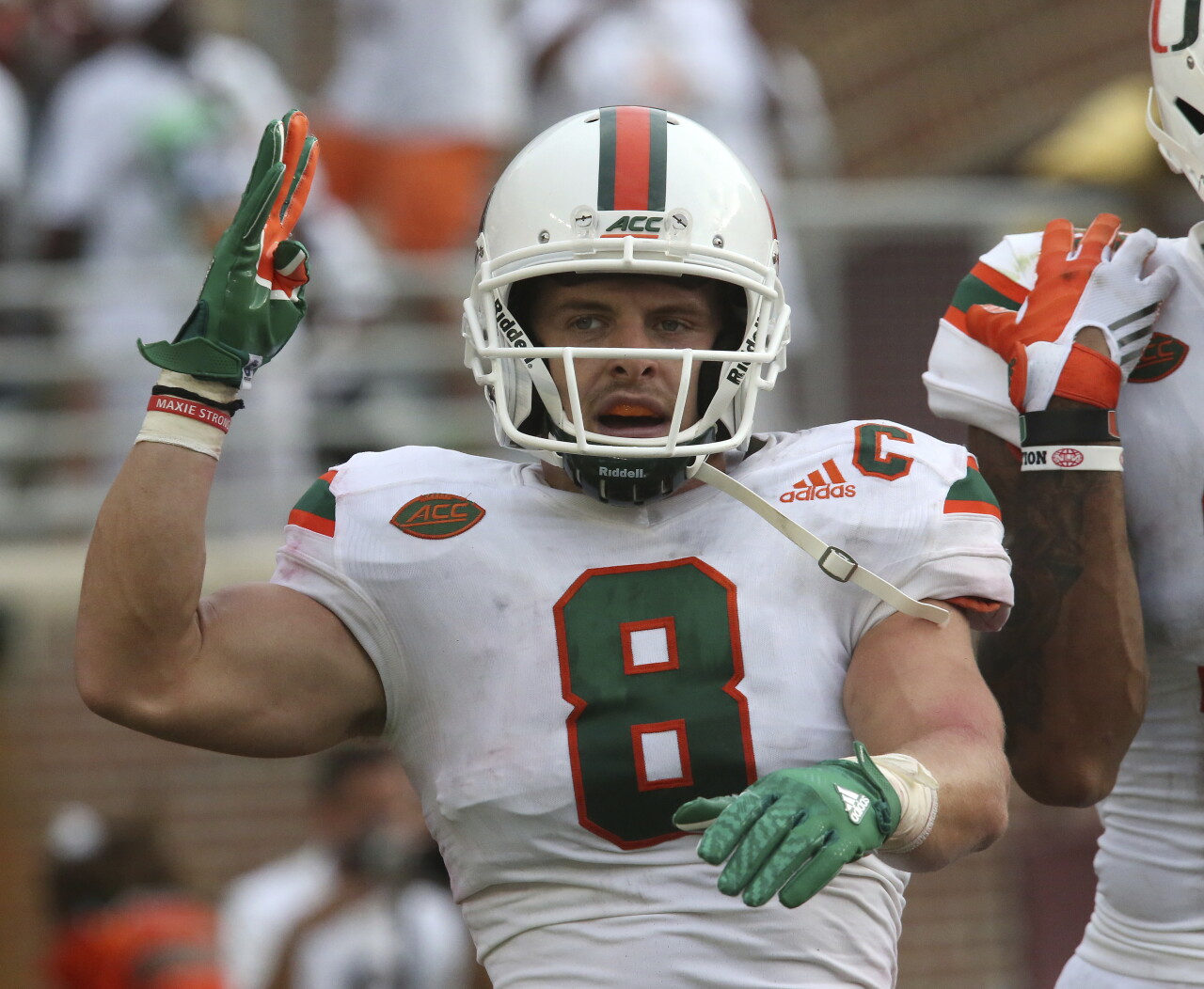 Miami Hurricanes wide receiver Braxton Berrios celebrates TD in third quarter at Florida State Seminoles, Oct. 7, 2017