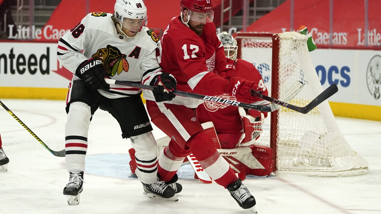 Patrick Kane, Filip Hronek Blackhawks Red Wings Hockey