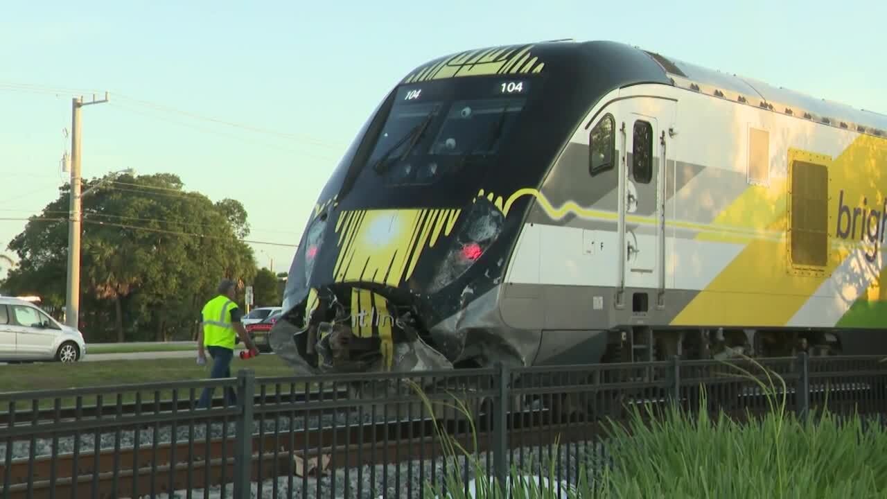 Brightline train with front-end damage after crashing into vehicle in Pompano Beach, May 2, 2022