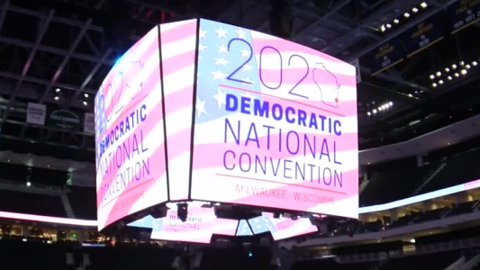 2020 DNC sign inside Fiserv Forum