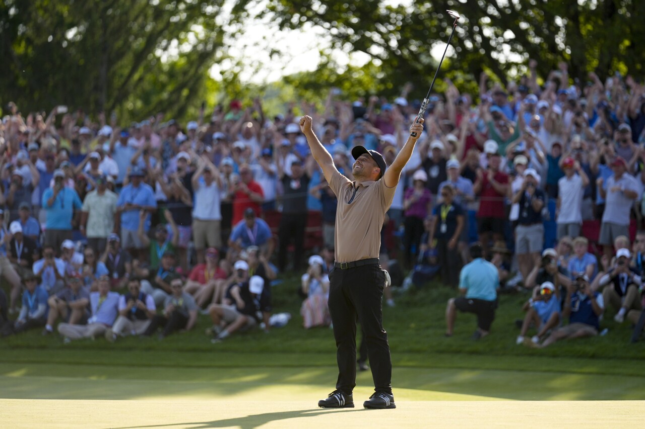 Xander Schauffele celebrates after winning 2024 PGA Championship