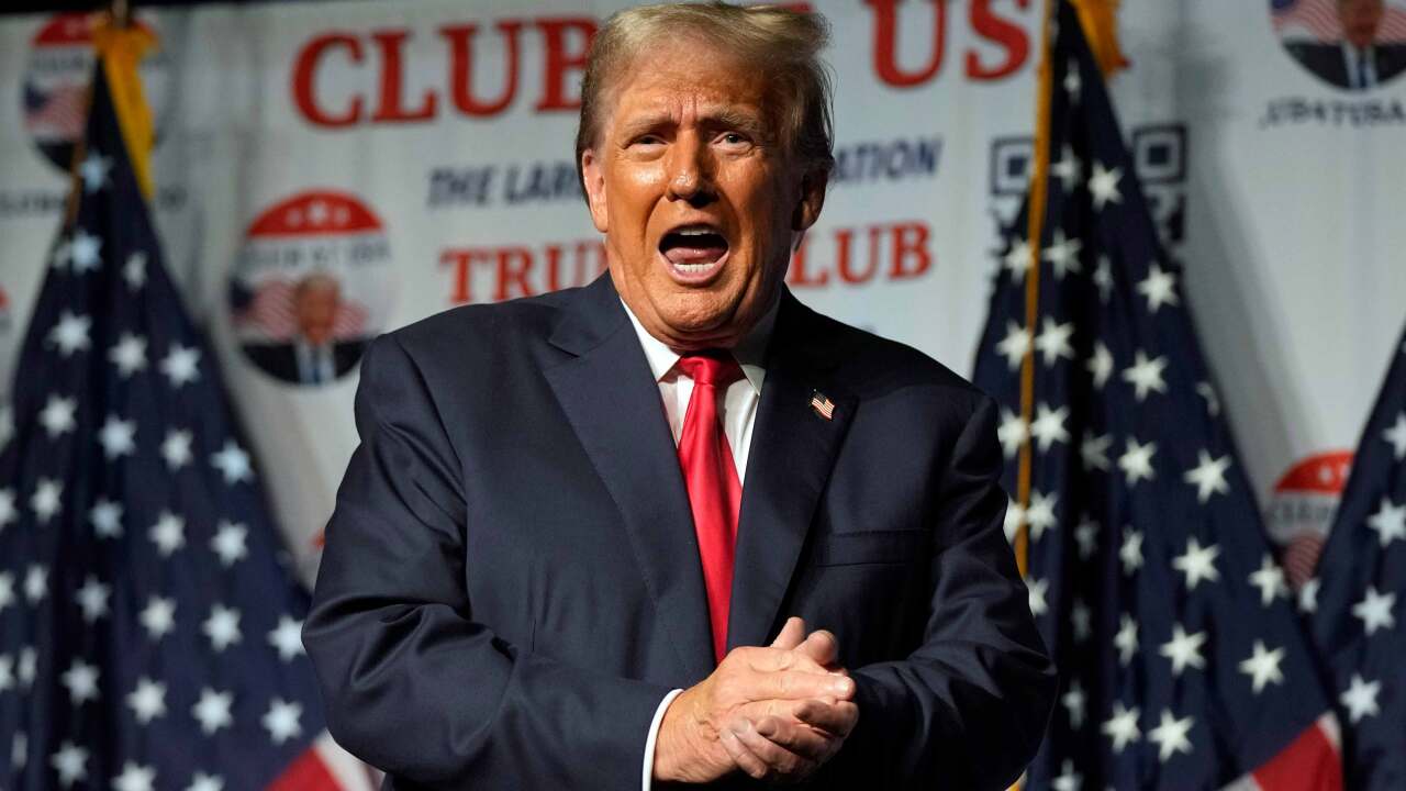 Donald Trump gestures after speaking Oct. 11, 2023, at Palm Beach County Convention Center in West Palm Beach, Fla.