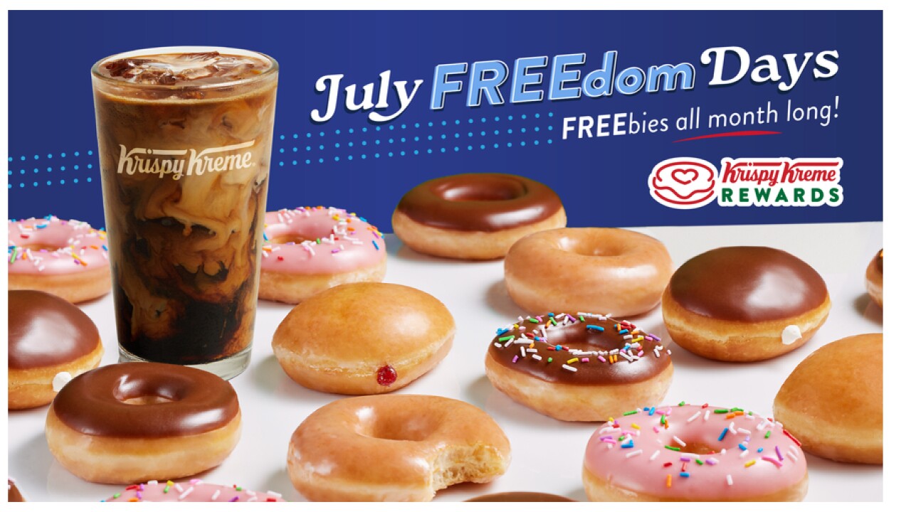 Krispy Kreme doughuts next to an iced coffee as part of a promotion.