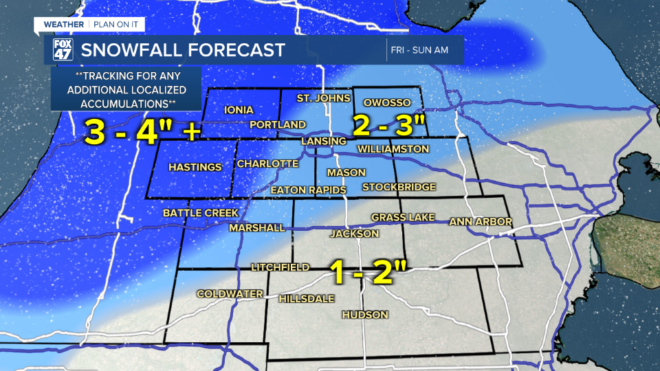 Still looking at a 1-3" snowfall forecast across our neighborhoods with localized areas possibly seeing a bit more